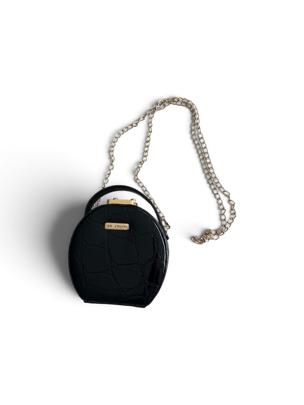 St. John Black Croc-Embossed Round Top-Handle Mini Bag with Gold Chain - Picture 8 of 8